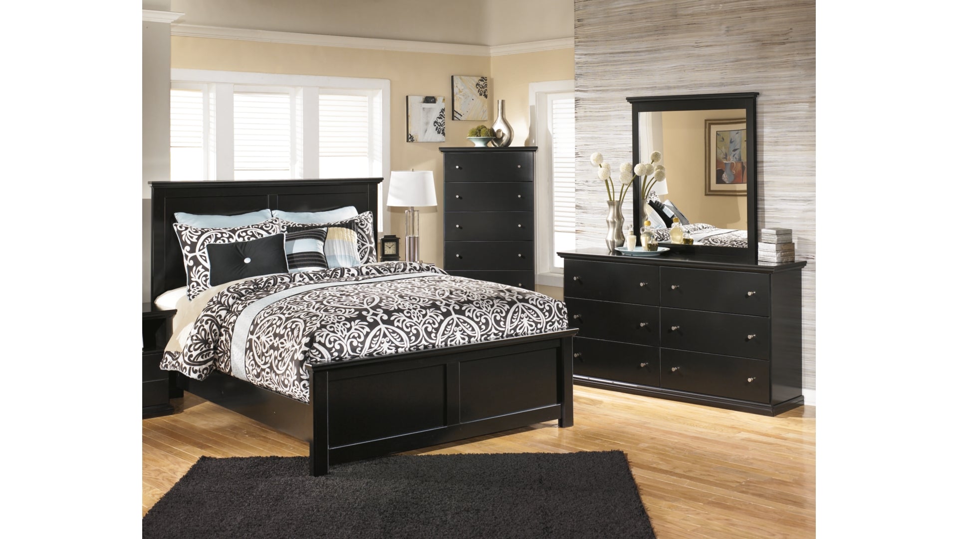 Maribel King/California King Panel Headboard Bed with Mirrored Dresser and Chest
