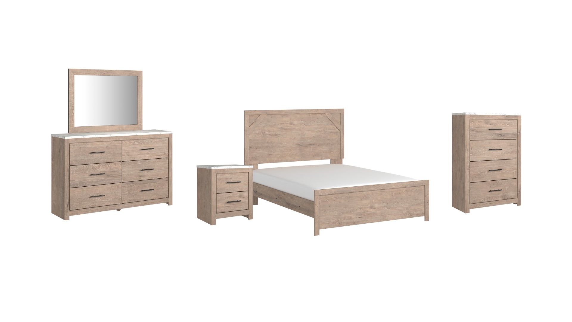 Senniberg Queen Panel Bed with Mirrored Dresser, Chest and Nightstand