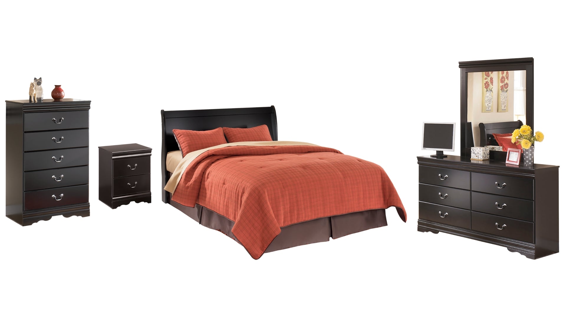 Huey Vineyard Queen Sleigh Headboard Bed with Mirrored Dresser, Chest and Nightstand