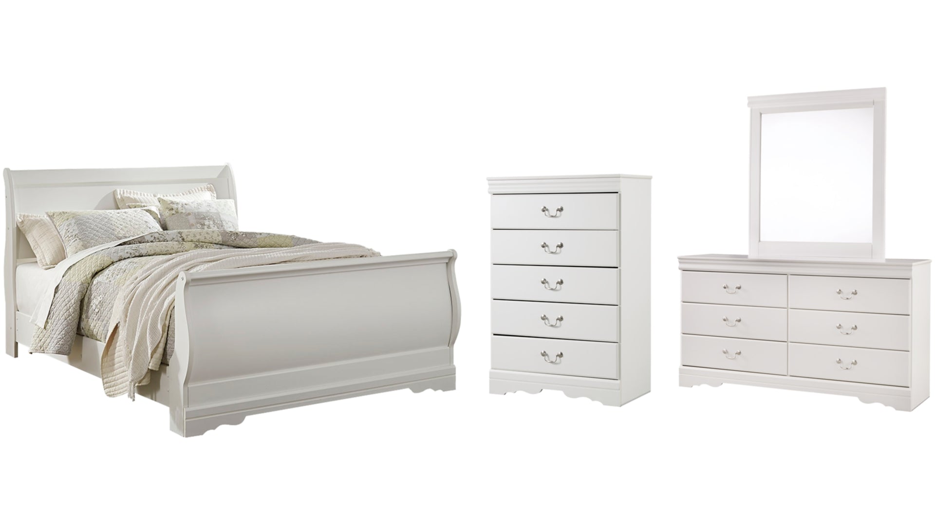 Anarasia Queen Sleigh Bed with Mirrored Dresser and Chest