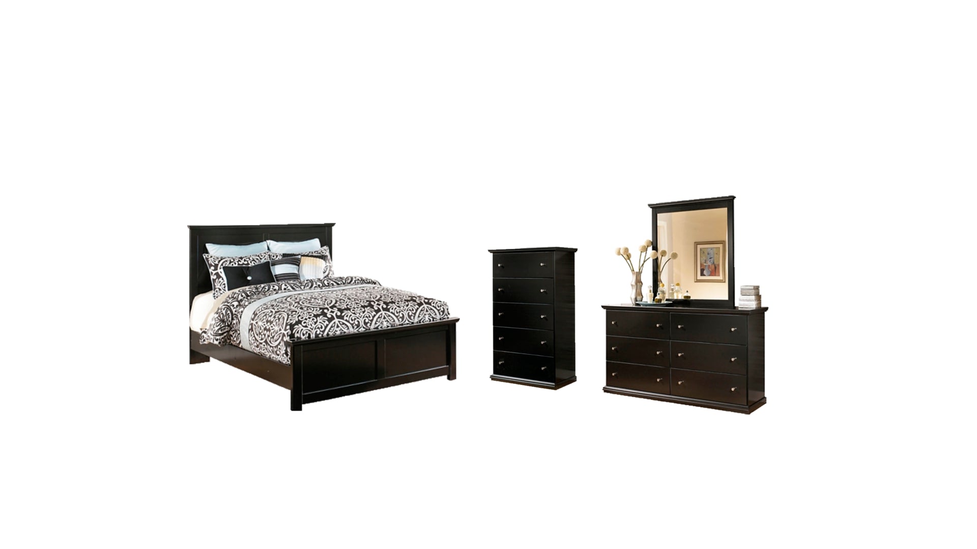 Maribel Queen Panel Bed with Mirrored Dresser and Chest