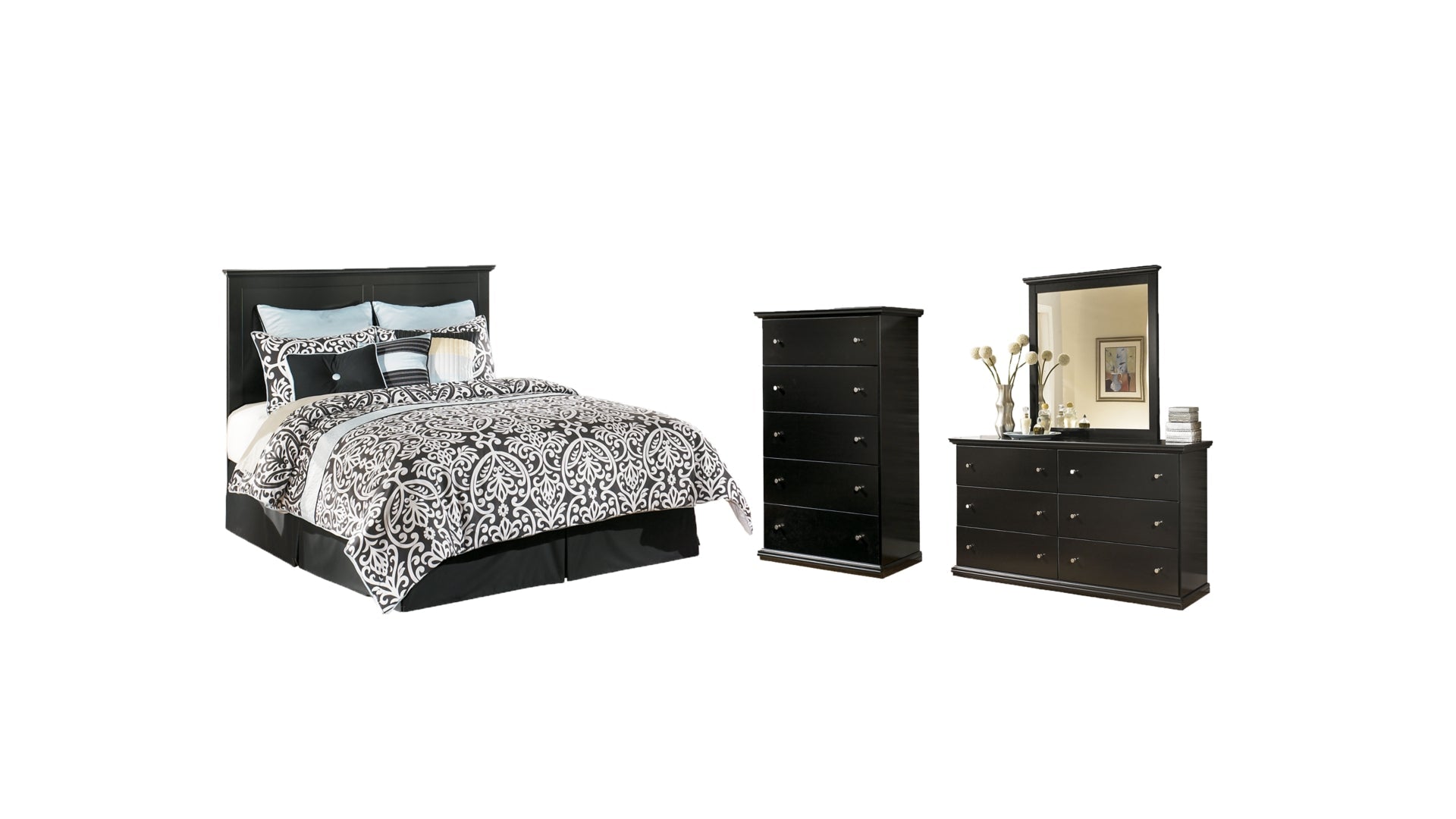 Bostwick Shoals King Panel Bed with Mirrored Dresser and Chest