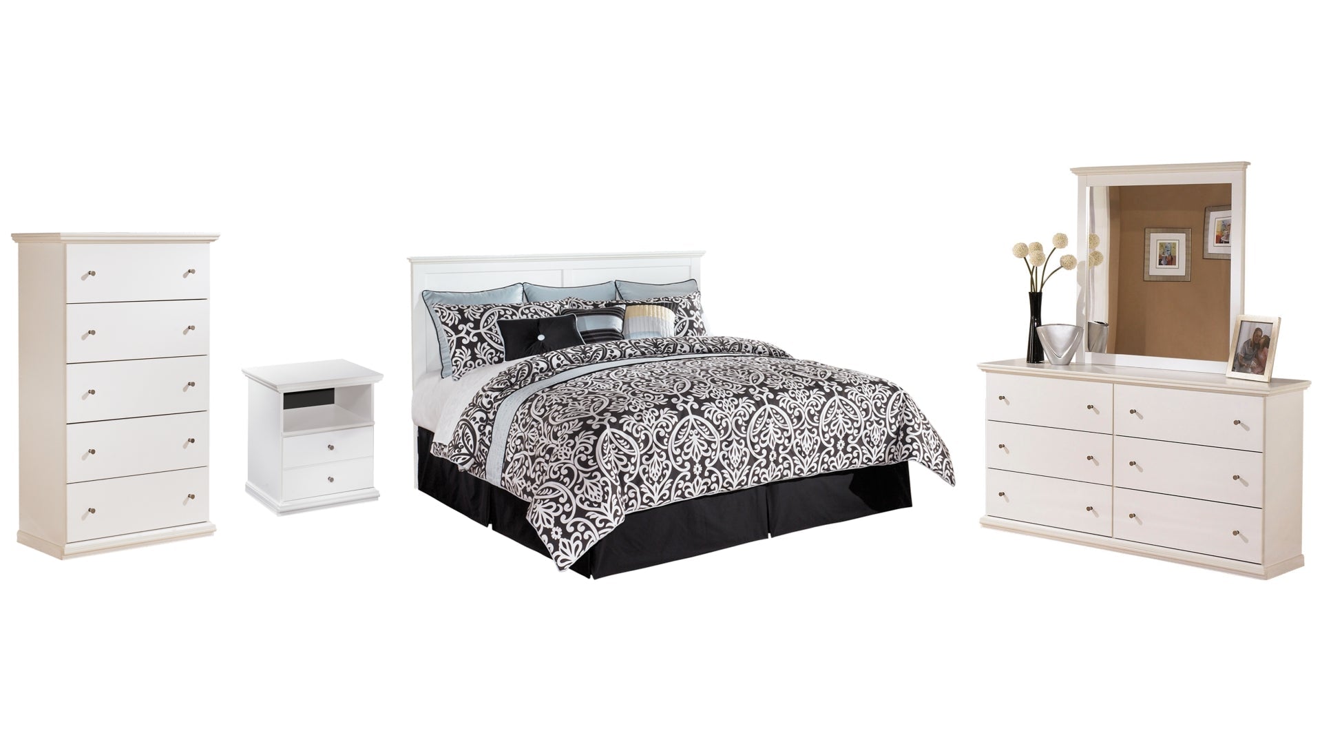 Bostwick Shoals King/California King Panel Headboard Bed with Mirrored Dresser, Chest and Nightstand