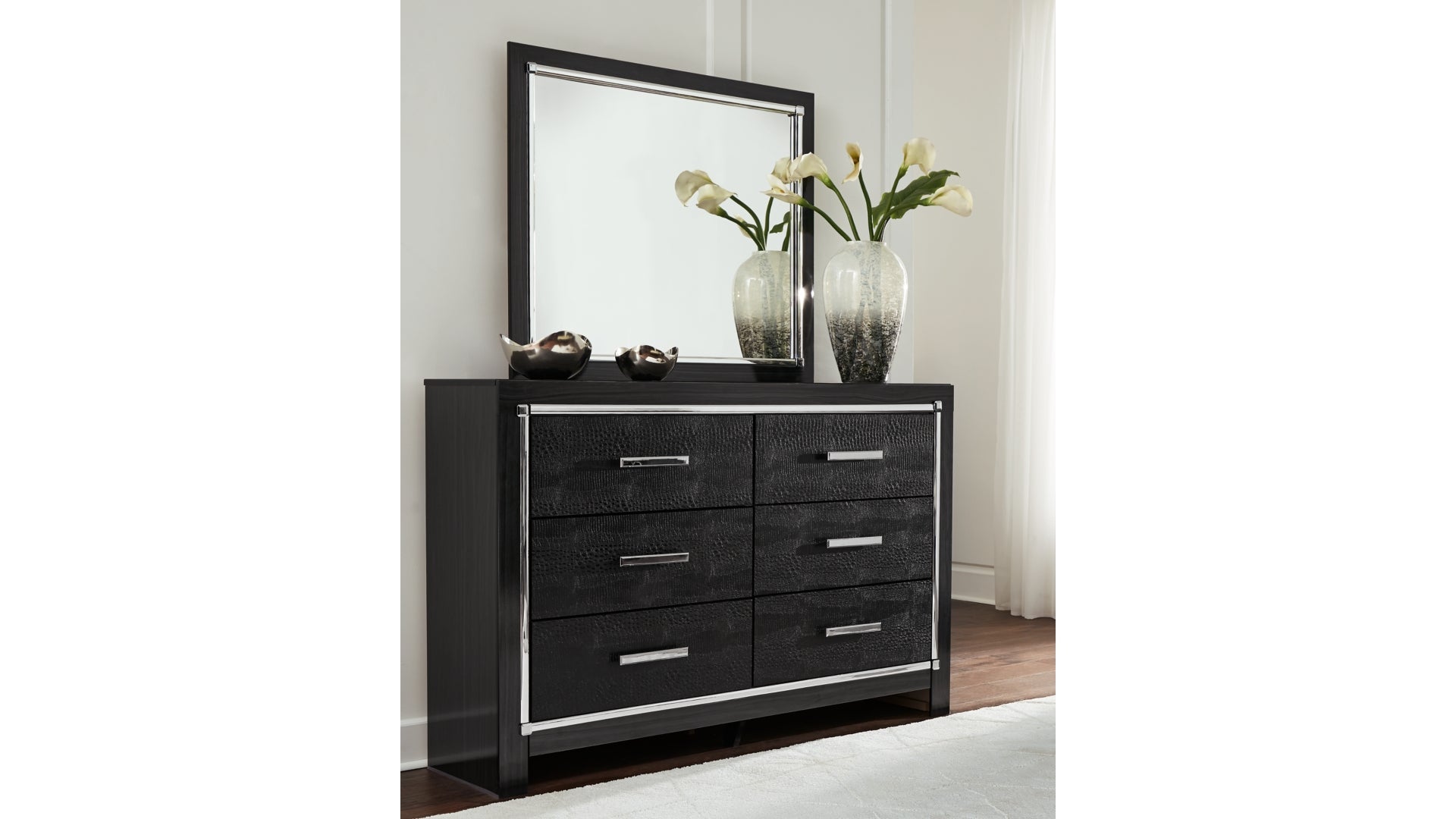 Kaydell King Panel Bed with Storage with Mirrored Dresser and Chest