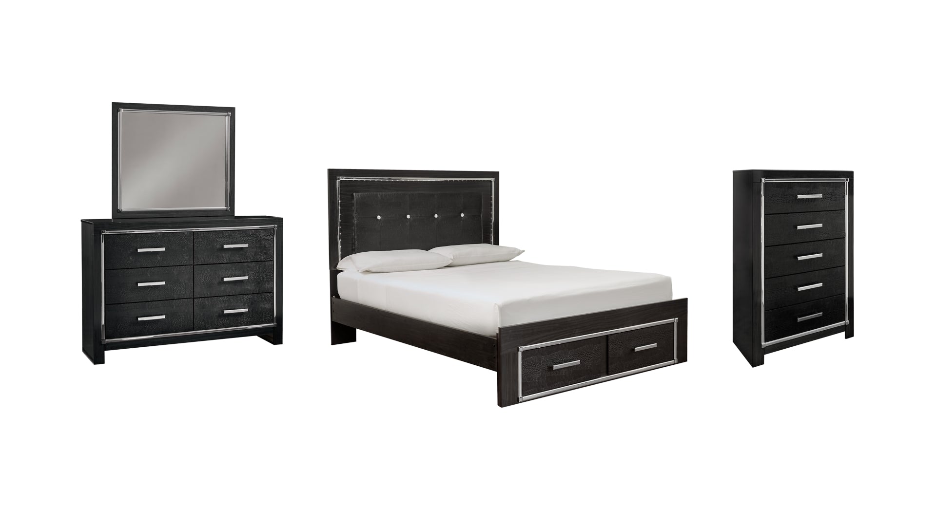 Kaydell Queen Panel Bed with Storage with Mirrored Dresser and Chest