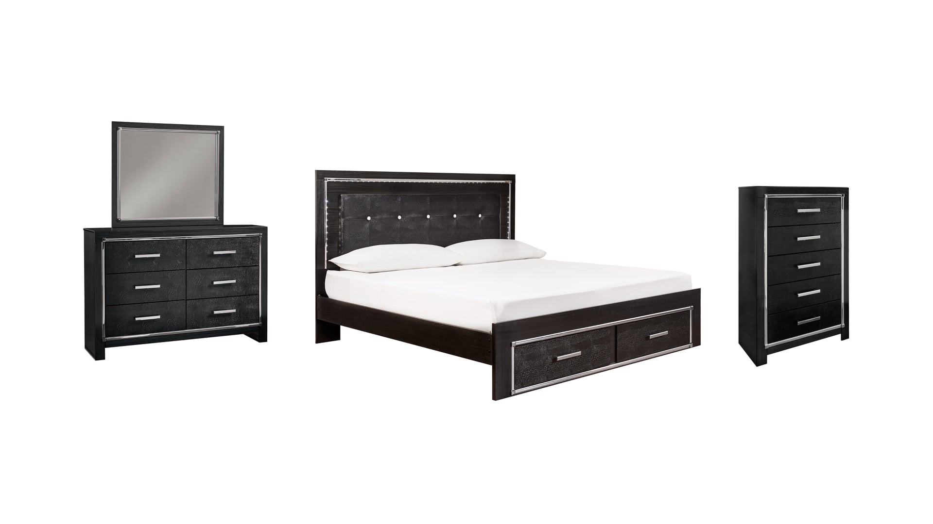Kaydell King Panel Bed with Storage with Mirrored Dresser and Chest