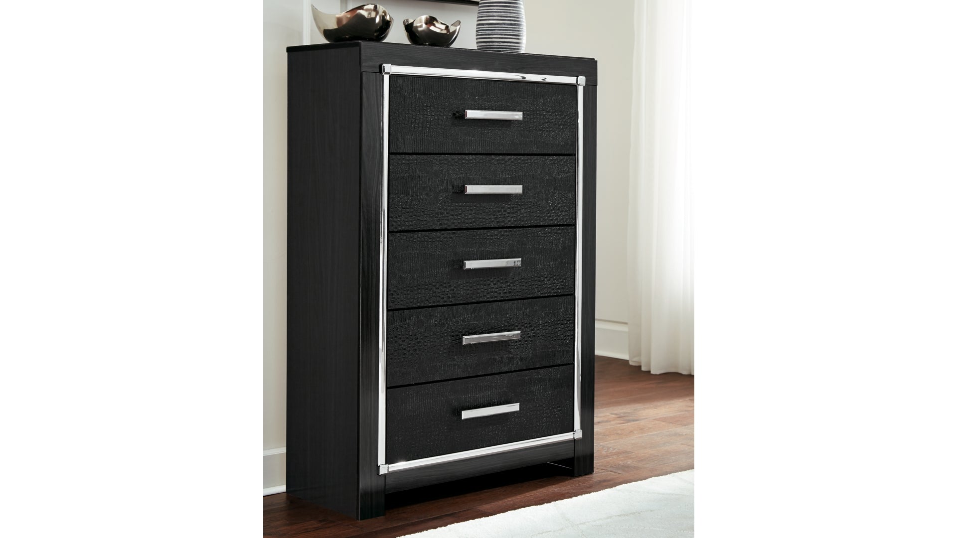 Kaydell King Panel Bed with Storage with Mirrored Dresser and Chest