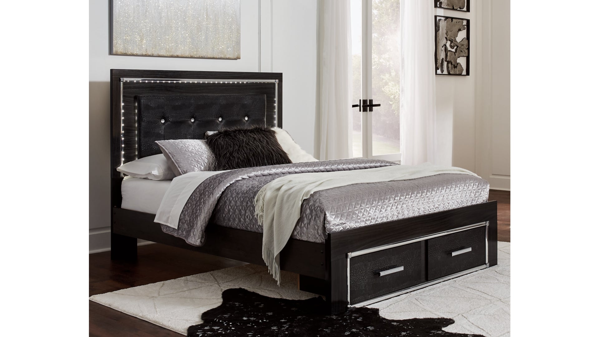 Kaydell Queen Panel Bed with Storage with Mirrored Dresser and Chest