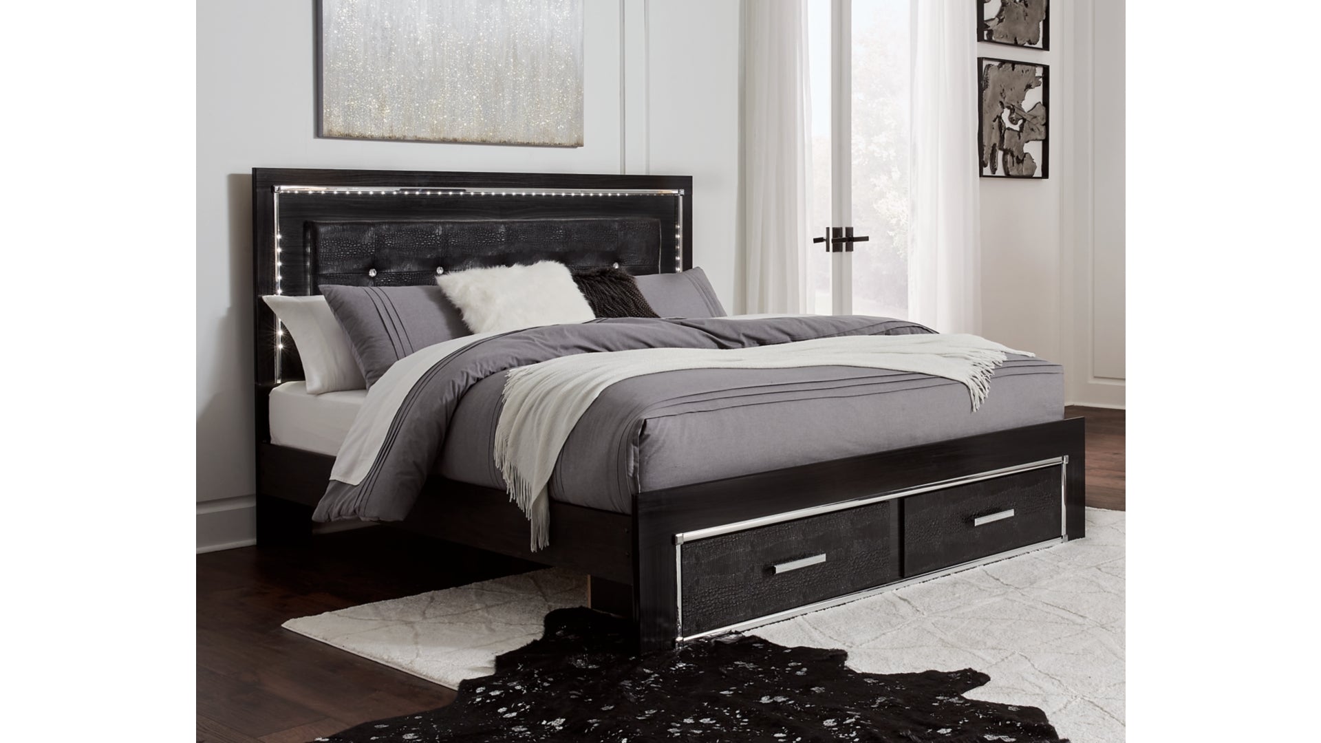 Kaydell King Panel Bed with Storage with Mirrored Dresser and Chest