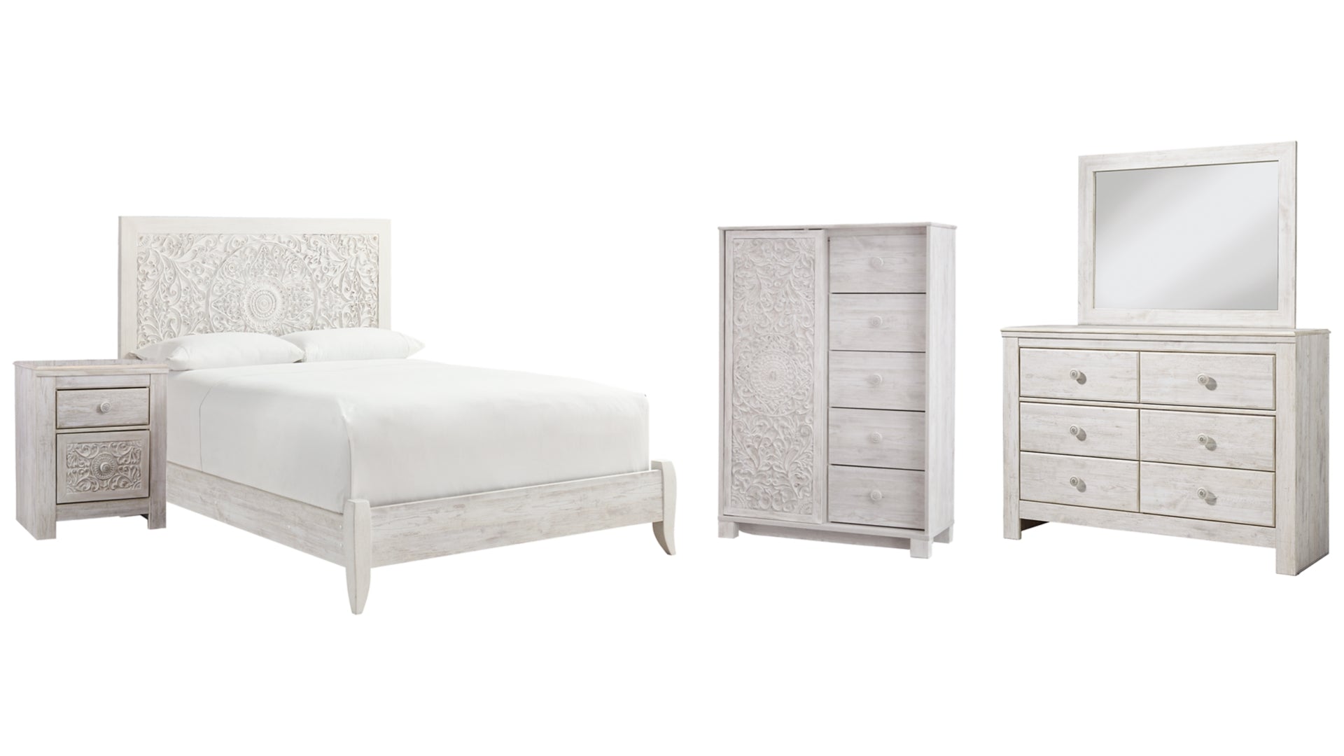 Paxberry Queen Panel Bed with Mirrored Dresser, Chest and Nightstand