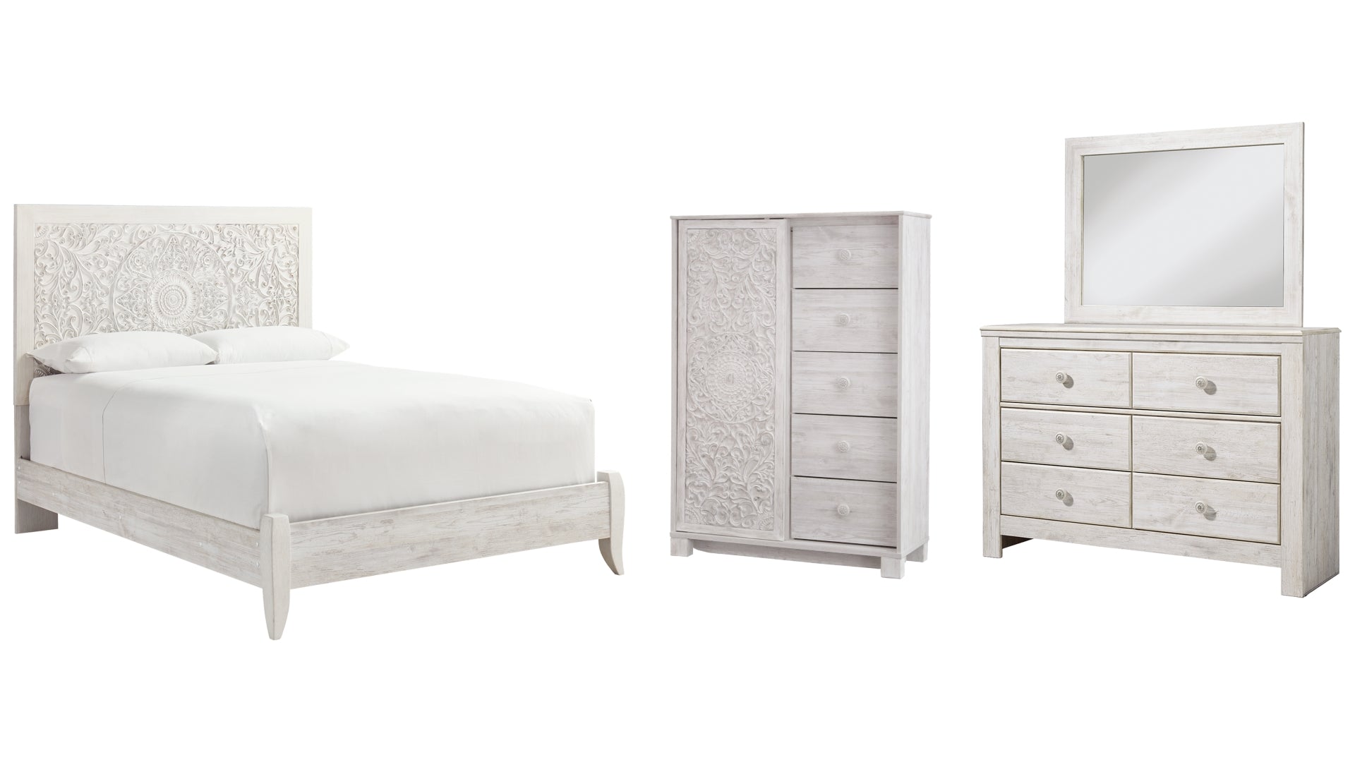 Paxberry Queen Panel Bed with Mirrored Dresser and Chest