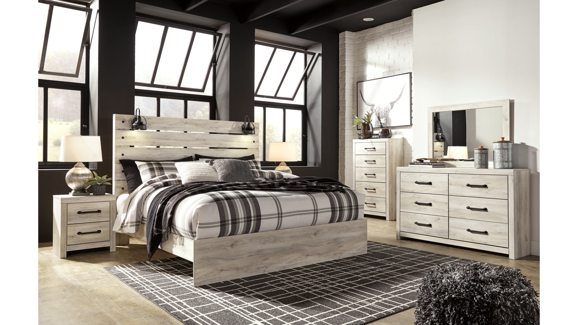 Cambeck King Panel Bed with Mirrored Dresser, Chest and Nightstand