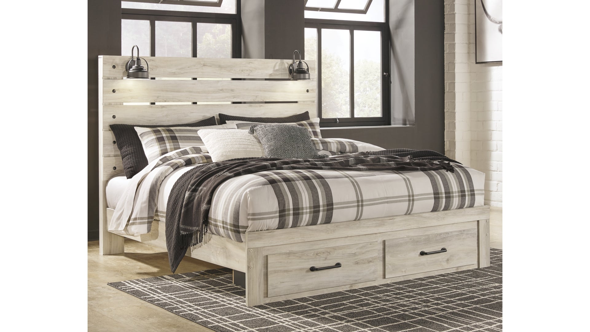 Cambeck King Panel Bed with 2 Storage Drawers with Mirrored Dresser and Chest