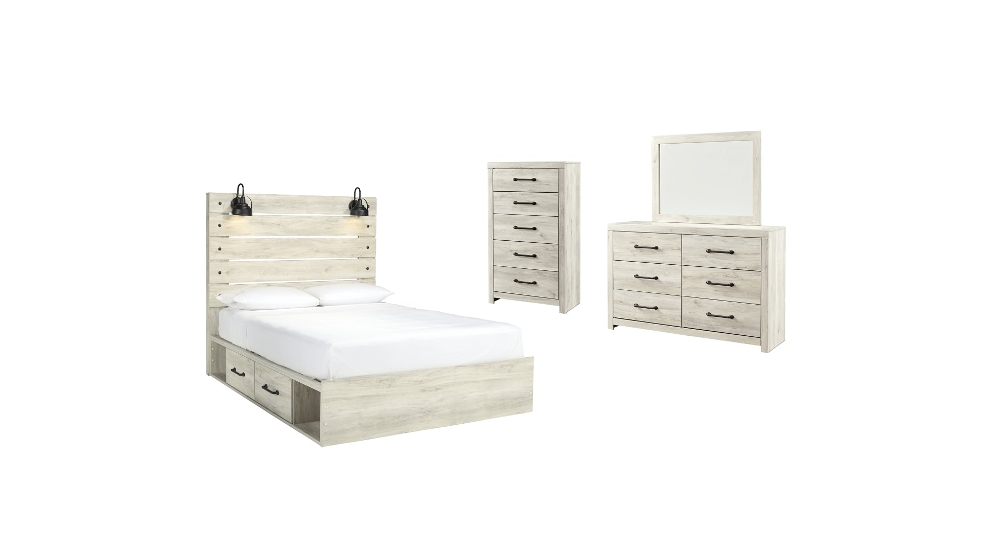 Cambeck Queen Panel Bed with 4 Storage Drawers with Mirrored Dresser and Chest