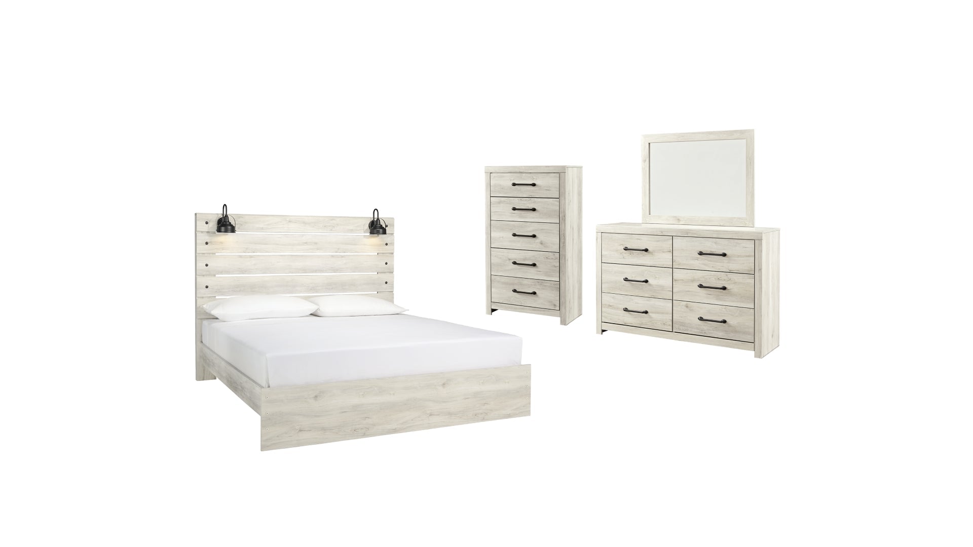 Cambeck King Panel Bed with Mirrored Dresser and Chest