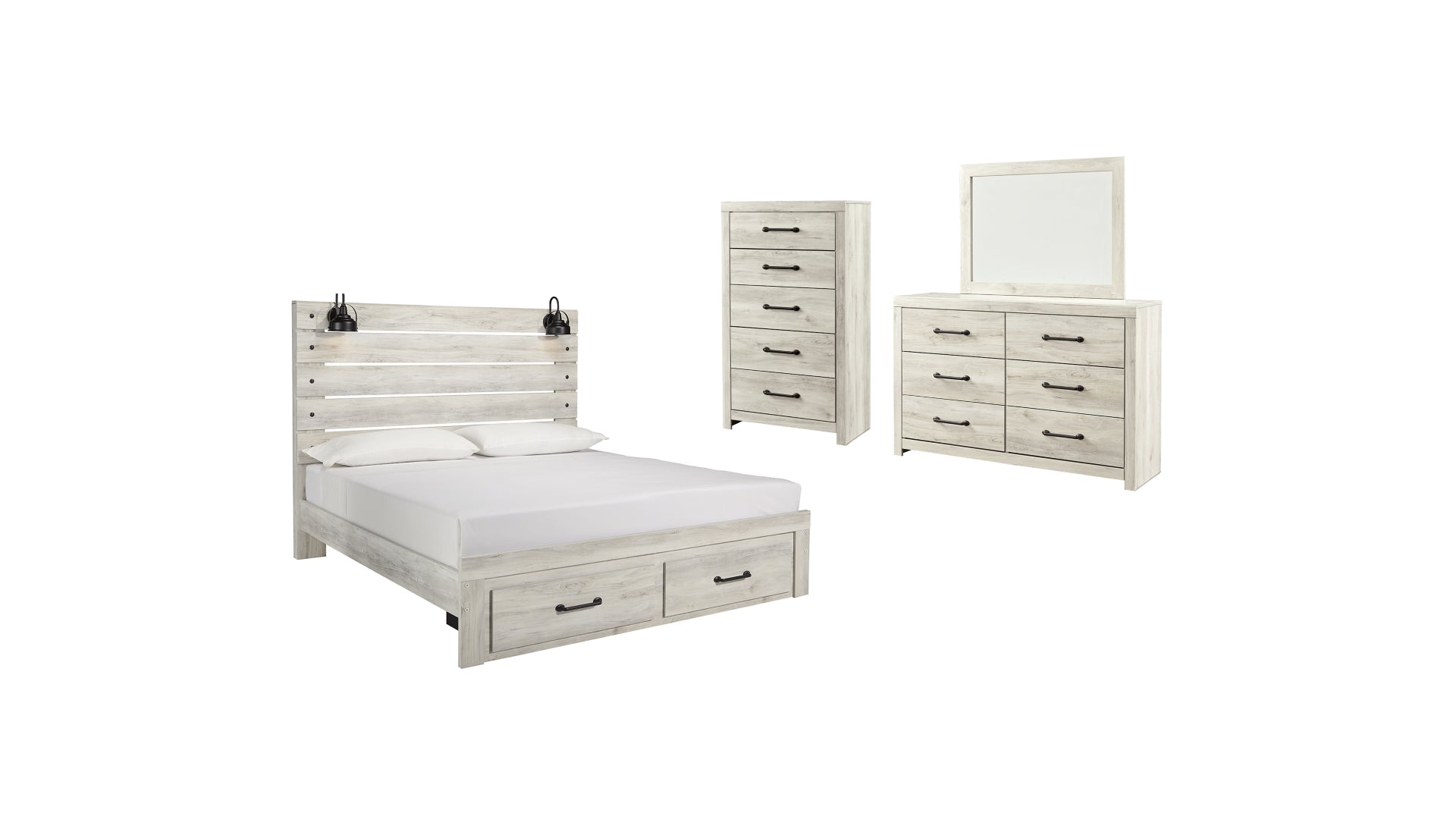 Cambeck King Panel Bed with 2 Storage Drawers with Mirrored Dresser and Chest