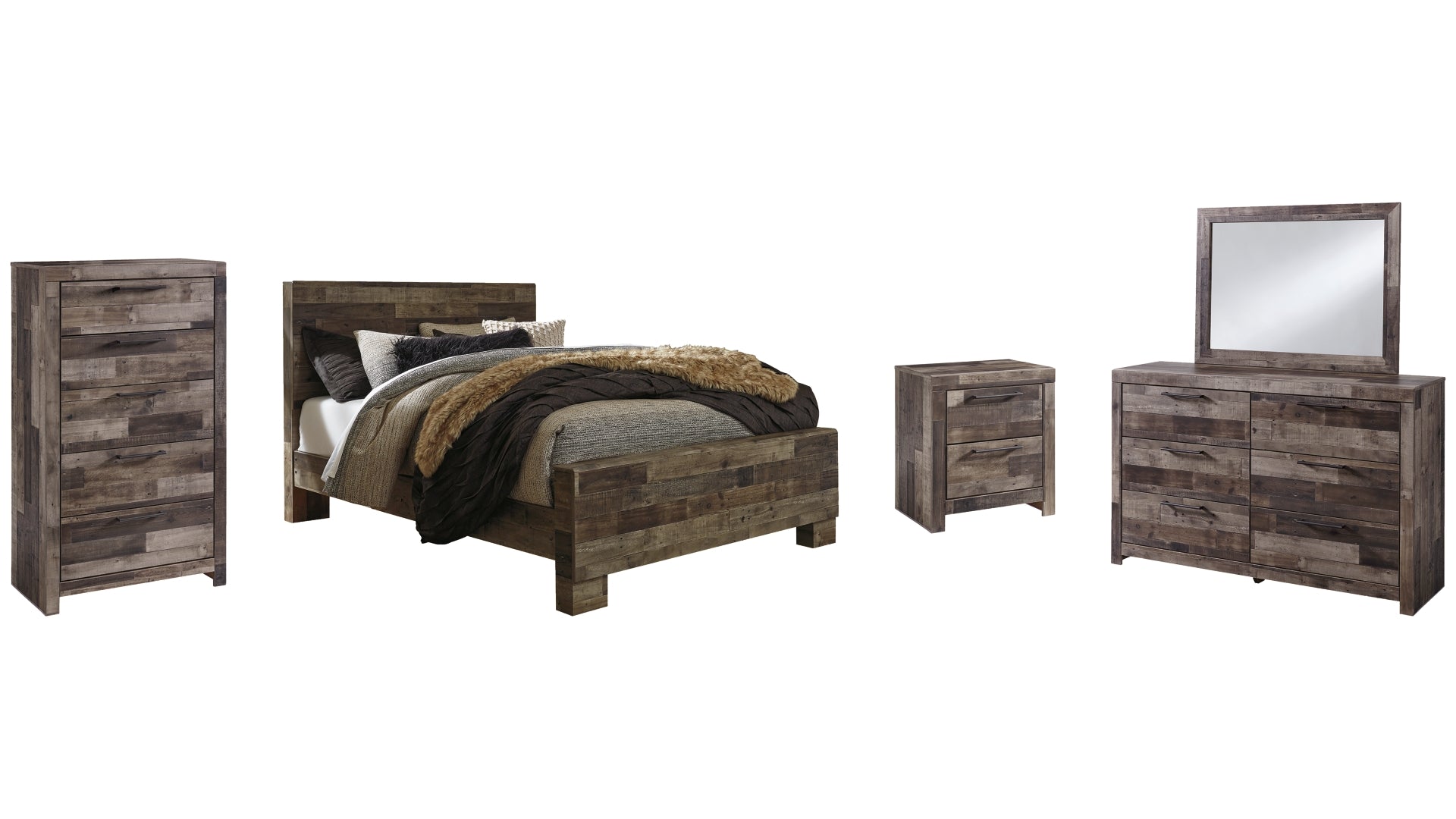 Derekson Queen Panel Bed with Mirrored Dresser, Chest and Nightstand