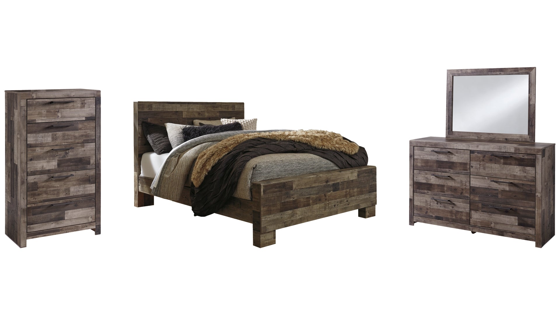 Derekson Queen Panel Bed with Mirrored Dresser and Chest