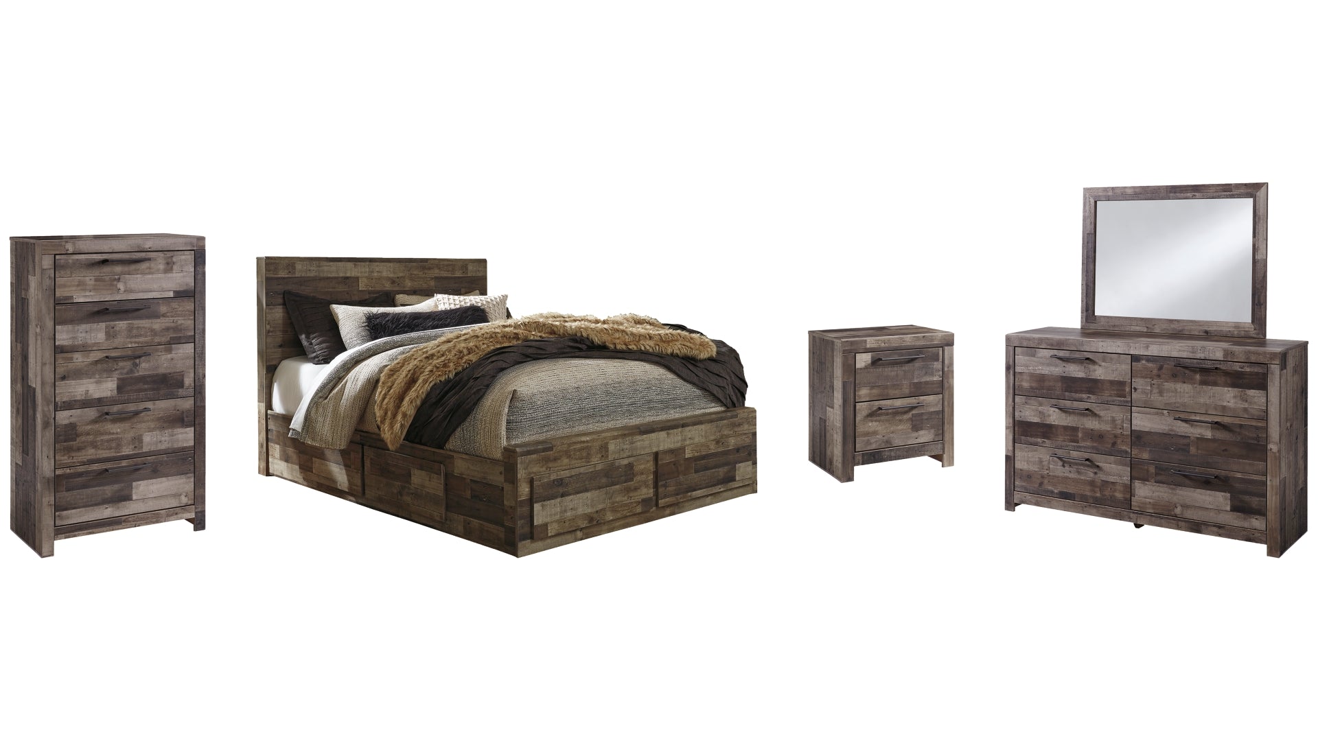 Derekson Queen Panel Bed with 4 Storage Drawers with Mirrored Dresser, Chest and Nightstand