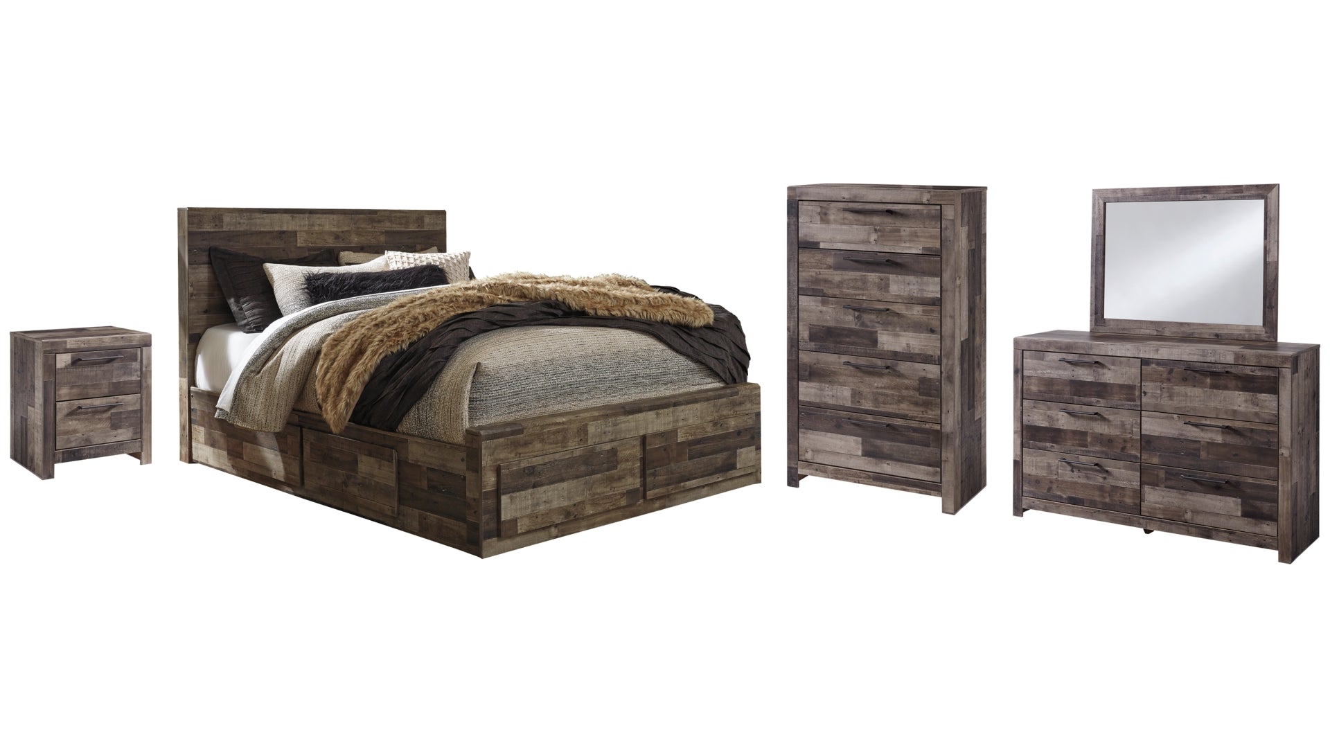 Derekson Queen Panel Bed with 6 Storage Drawers with Mirrored Dresser, Chest and Nightstand