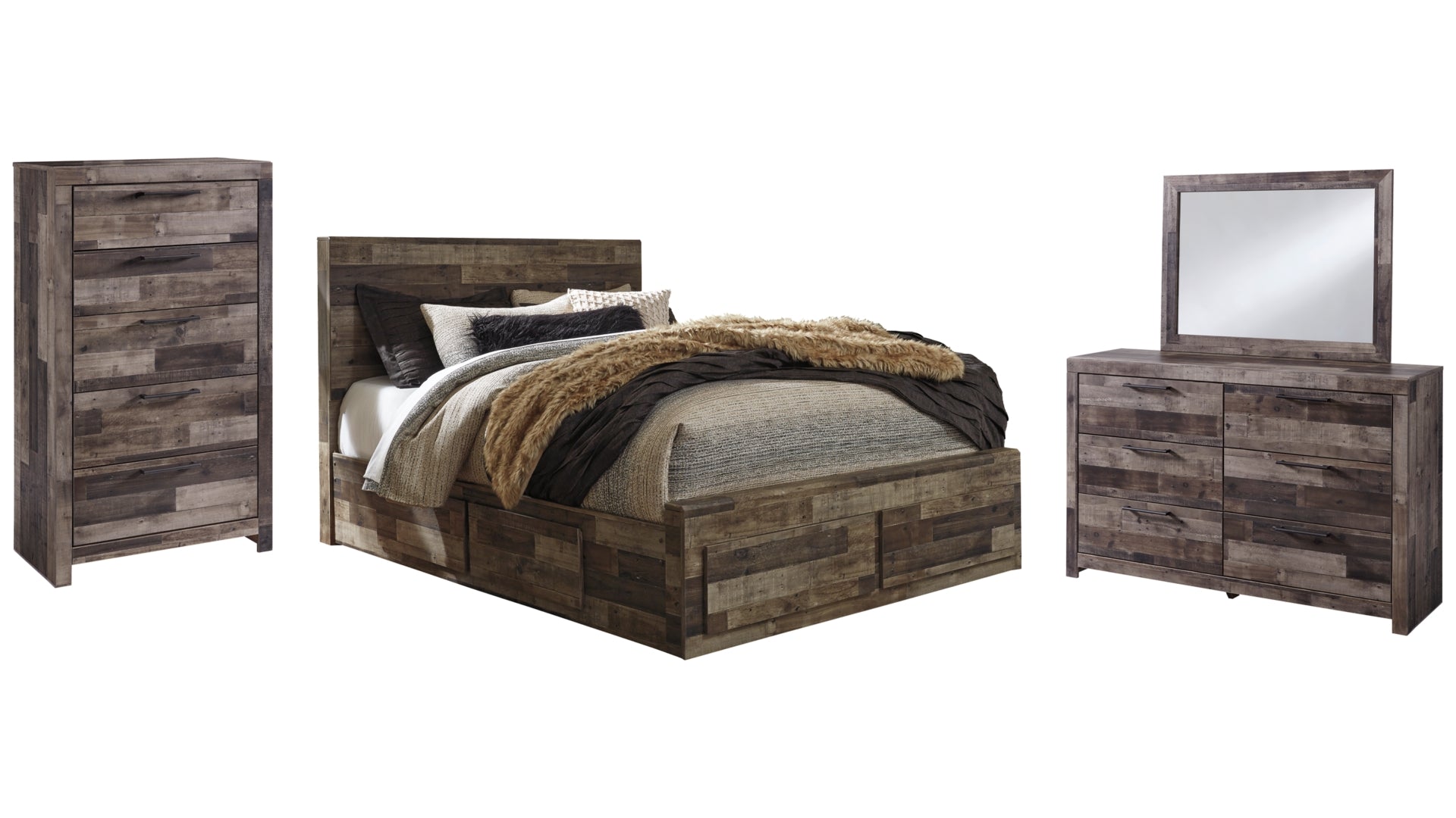 Derekson Queen Panel Bed with 6 Storage Drawers with Mirrored Dresser and Chest