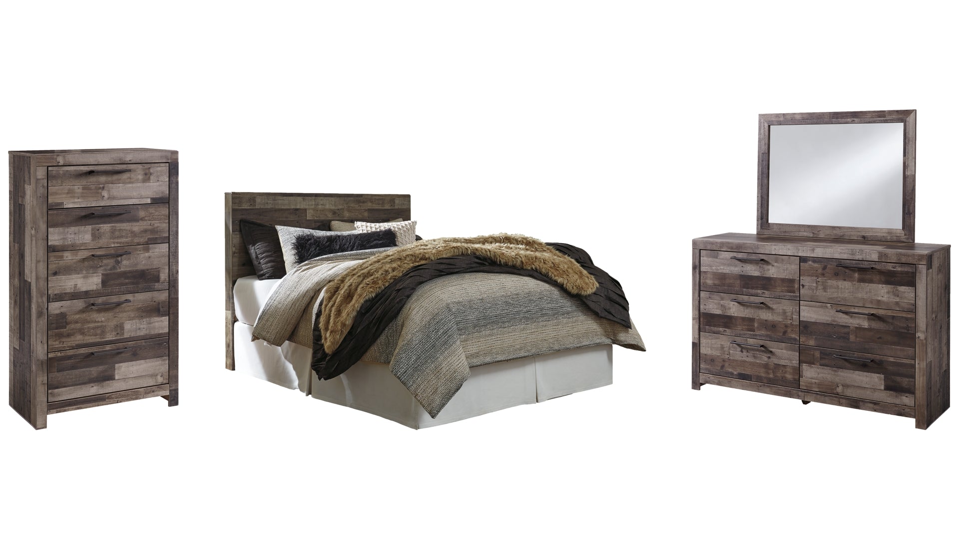 Derekson Queen/Full Panel Headboard Bed with Mirrored Dresser and Chest