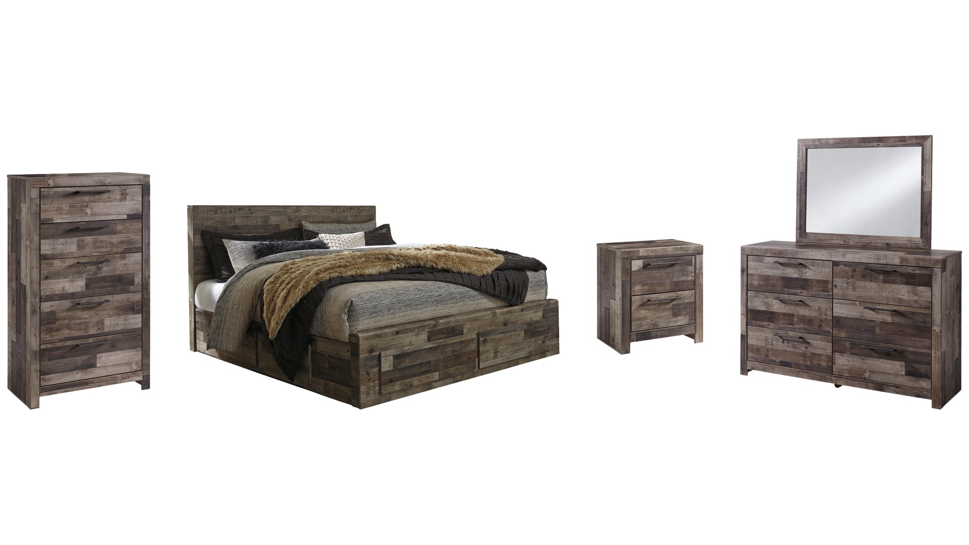 Derekson King Panel Bed with 6 Storage Drawers with Mirrored Dresser, Chest and Nightstand