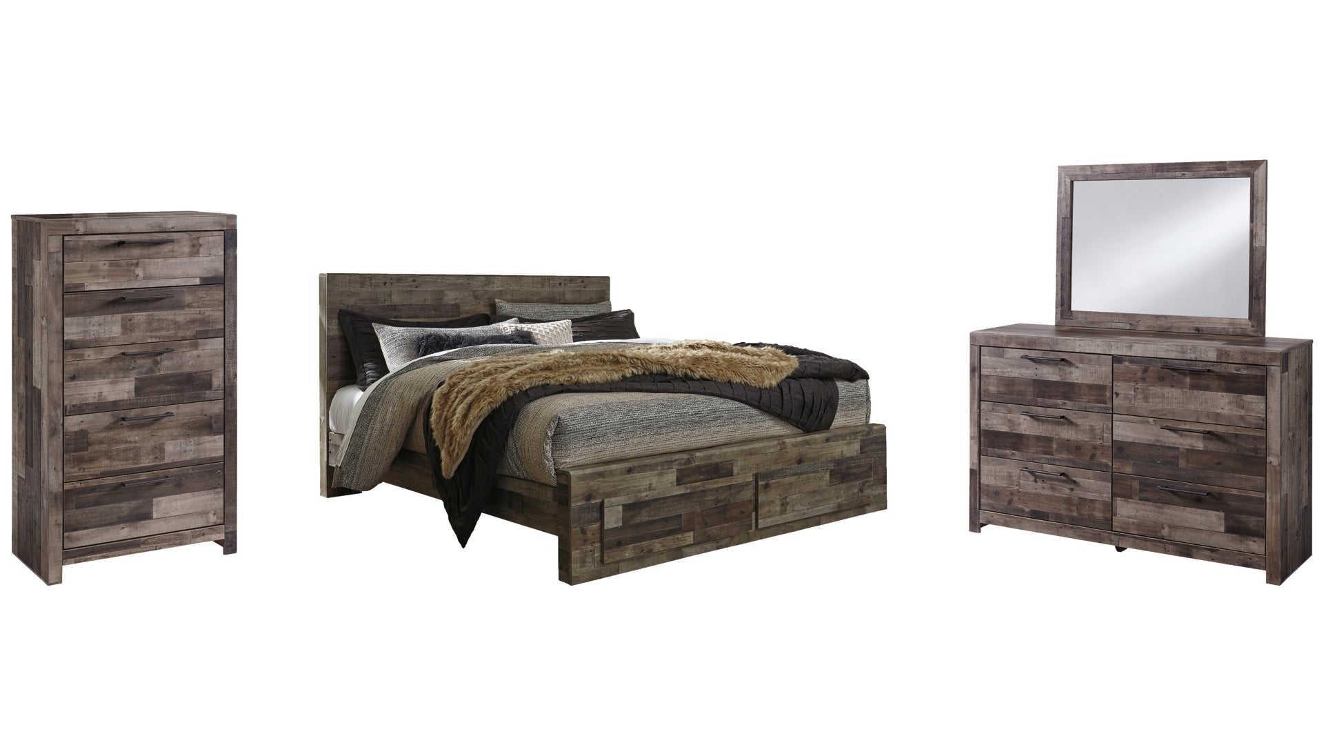 Derekson King Panel Bed with 2 Storage Drawers with Mirrored Dresser and Chest
