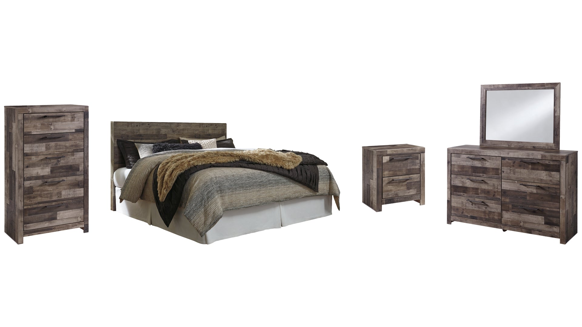 Derekson King Panel Headboard Bed with Mirrored Dresser, Chest and Nightstand