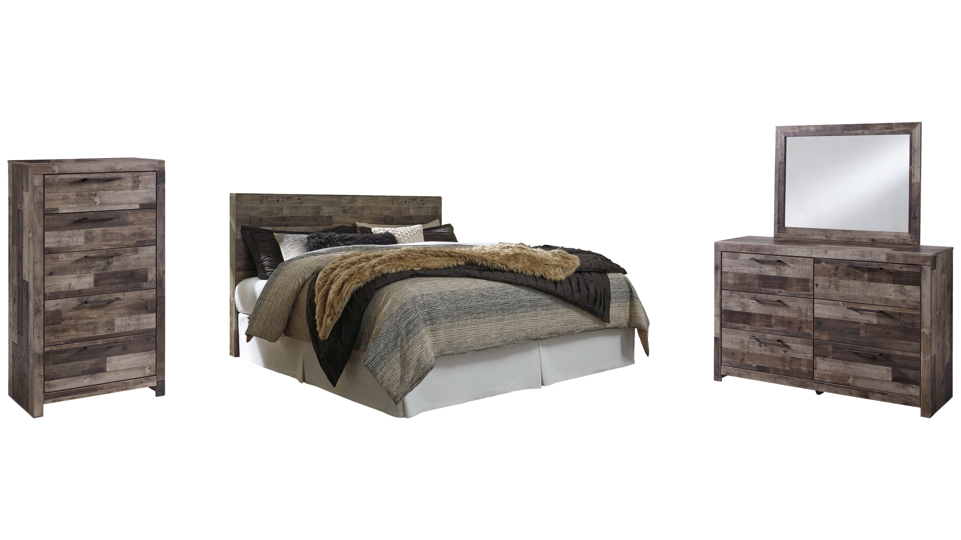 Derekson King Panel Headboard Bed with Mirrored Dresser and Chest