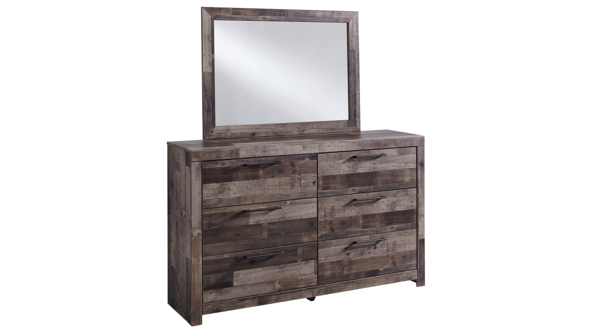 Derekson King Panel Bed with 2 Storage Drawers with Mirrored Dresser and Chest