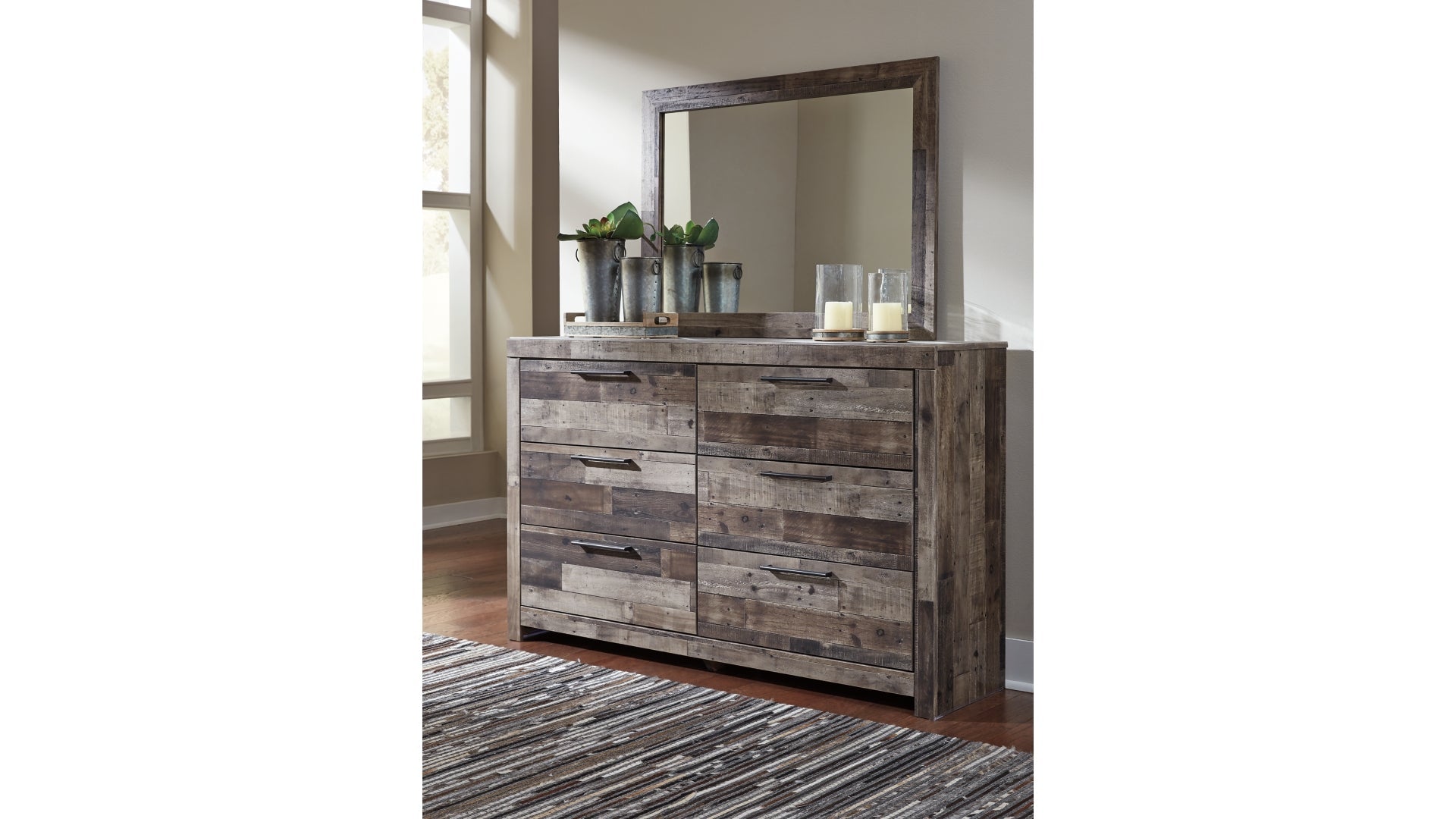 Derekson Queen Panel Bed with 6 Storage Drawers with Mirrored Dresser and Chest