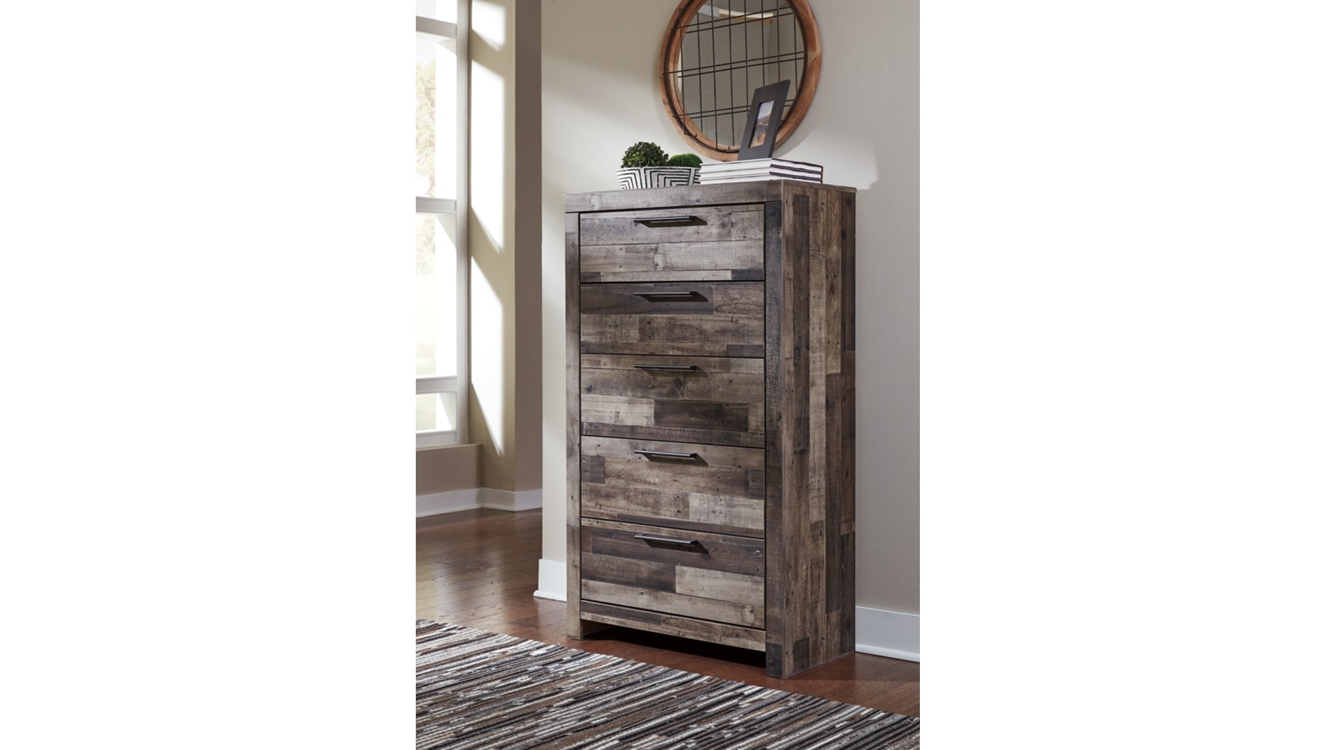 Derekson Queen Panel Bed with 6 Storage Drawers with Mirrored Dresser and Chest