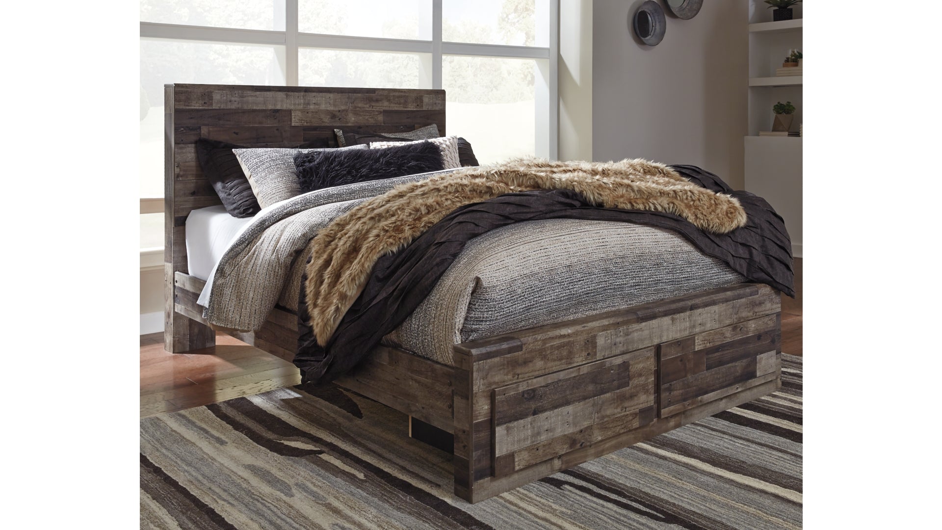 Derekson Queen Panel Bed with 2 Storage Drawers with Dresser