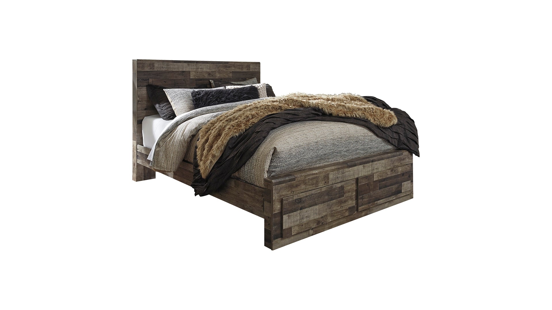 Derekson Queen Panel Bed with 2 Storage Drawers with Mirrored Dresser and Chest