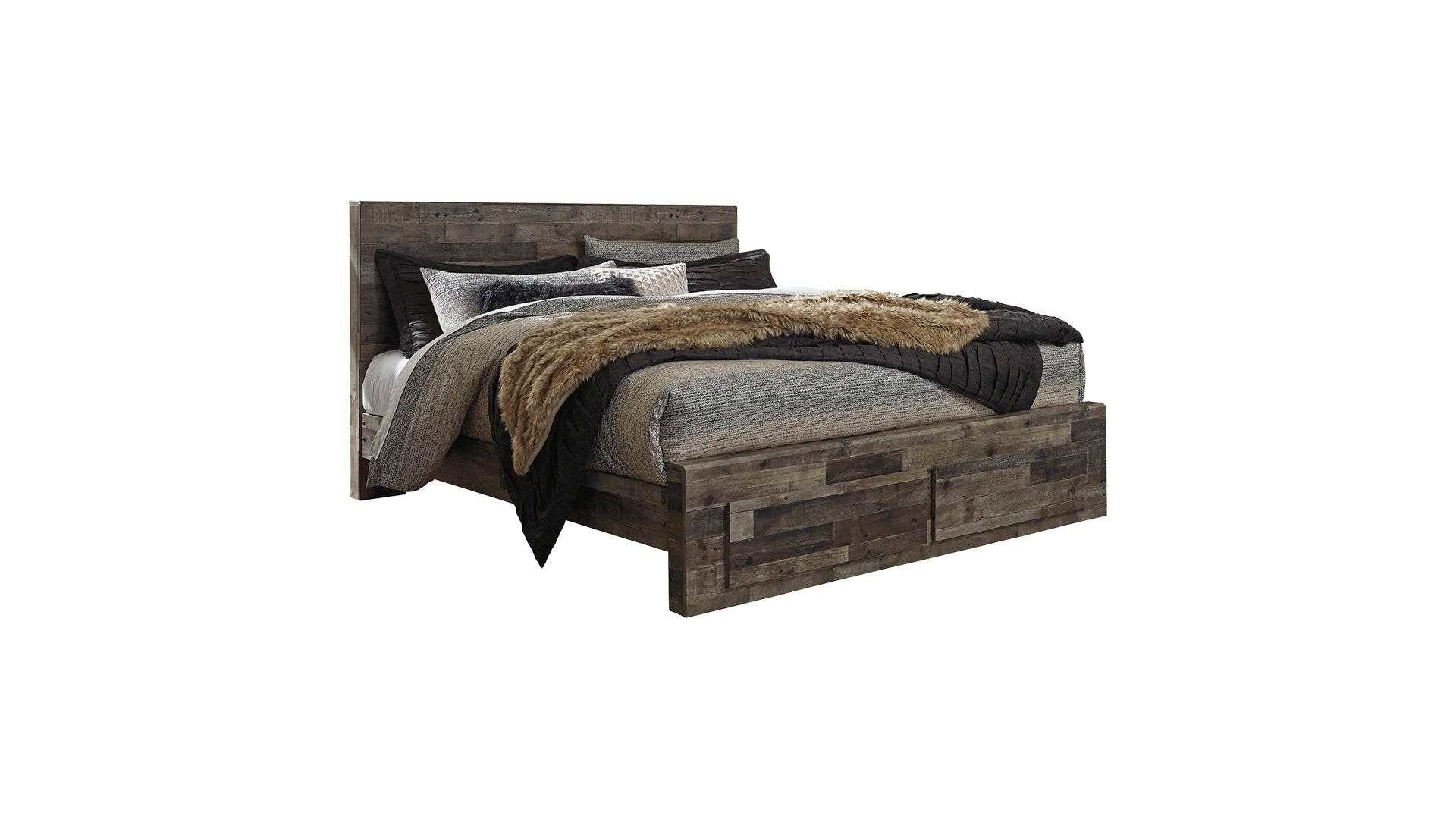 Derekson King Panel Bed with 2 Storage Drawers with Mirrored Dresser and Chest