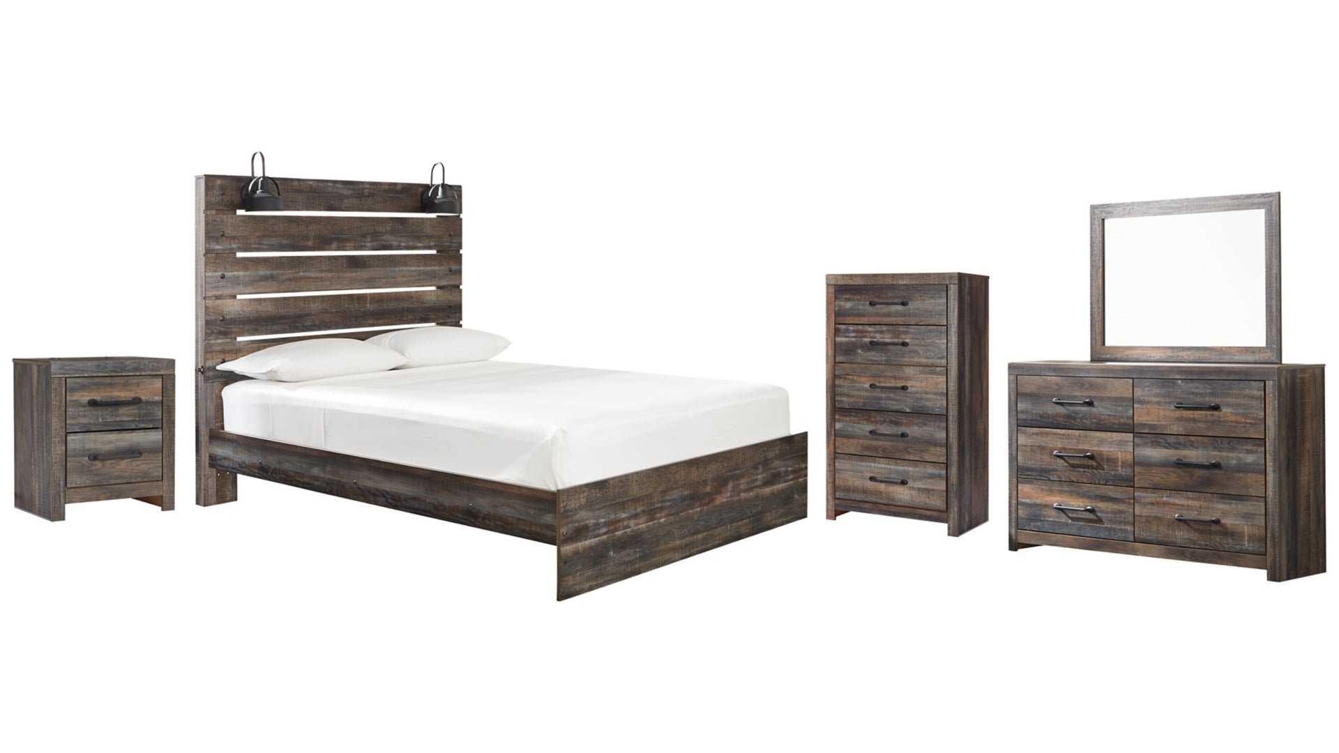 Drystan Queen Panel Bed with Mirrored Dresser, Chest and Nightstand