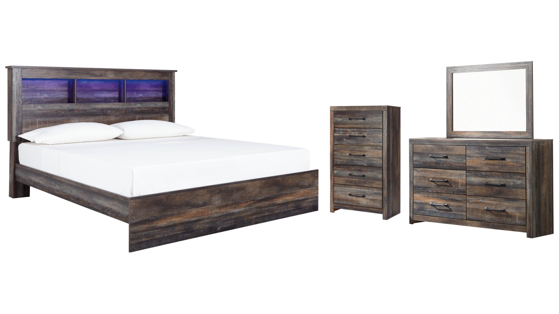 Drystan King Panel Bookcase Bed with Mirrored Dresser and Chest