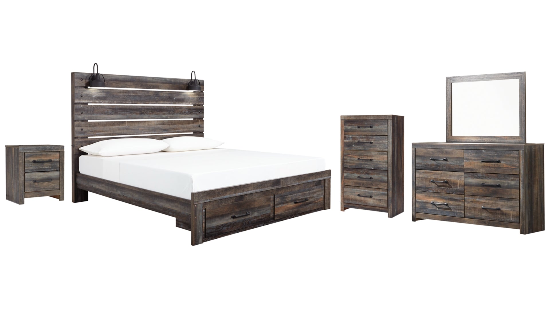 Drystan King Panel Bed with Storage with Mirrored Dresser, Chest and Nightstand