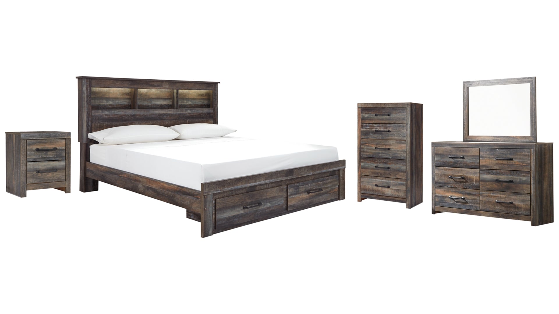 Drystan King Bookcase Bed with 2 Storage Drawers with Mirrored Dresser, Chest and Nightstand