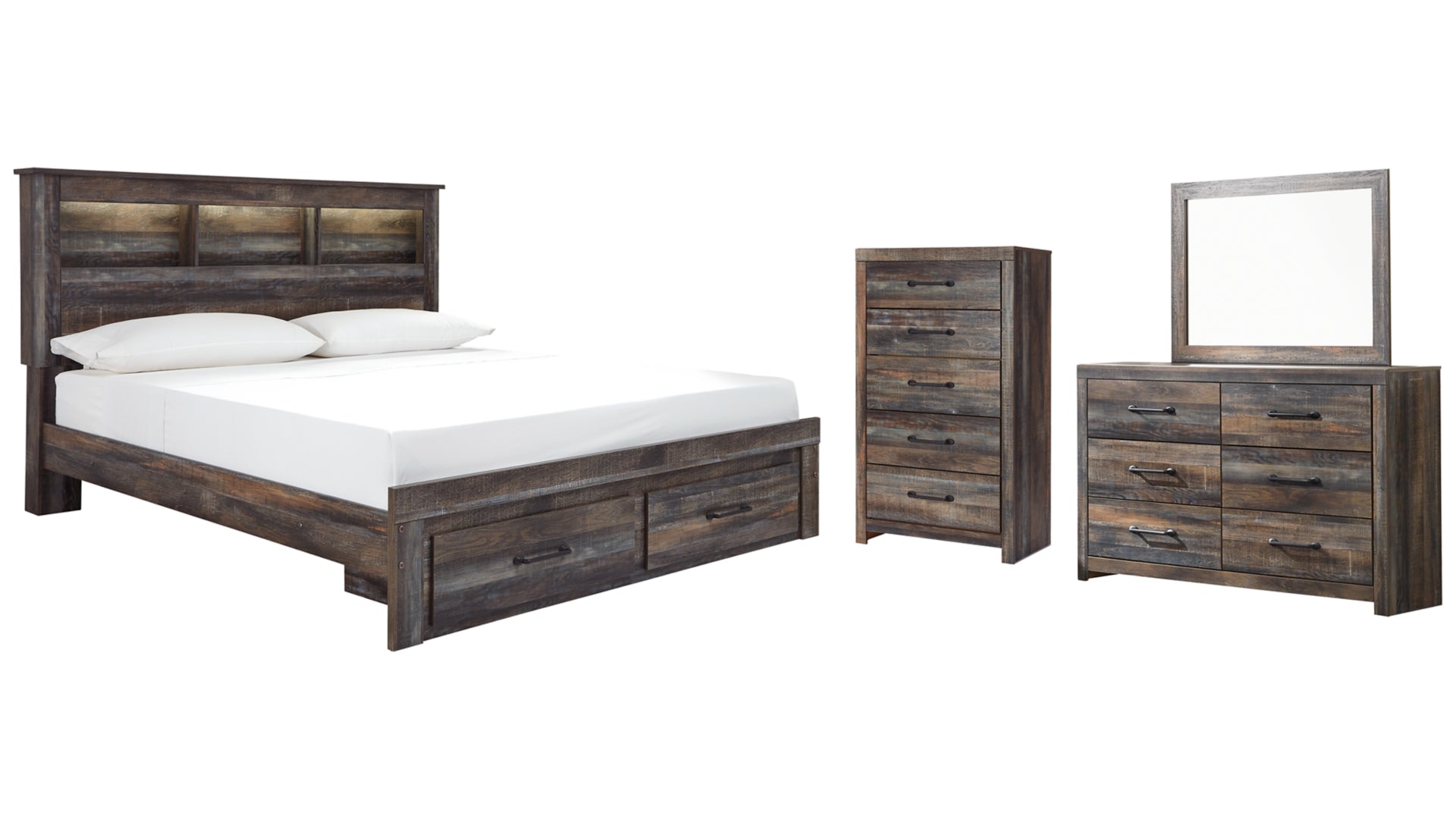 Drystan King Bookcase Bed with 2 Storage Drawers with Mirrored Dresser and Chest