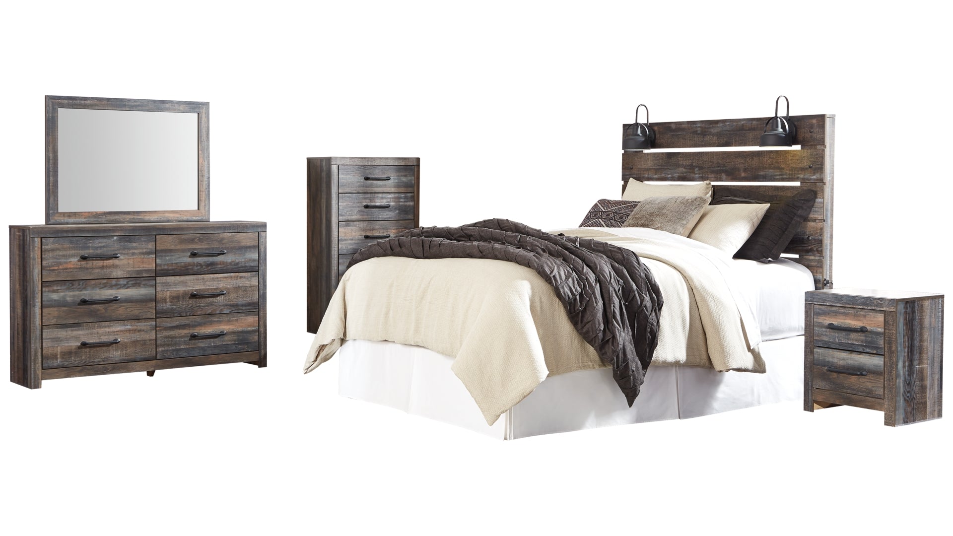 Drystan Queen Panel Headboard Bed with Mirrored Dresser, Chest and Nightstand