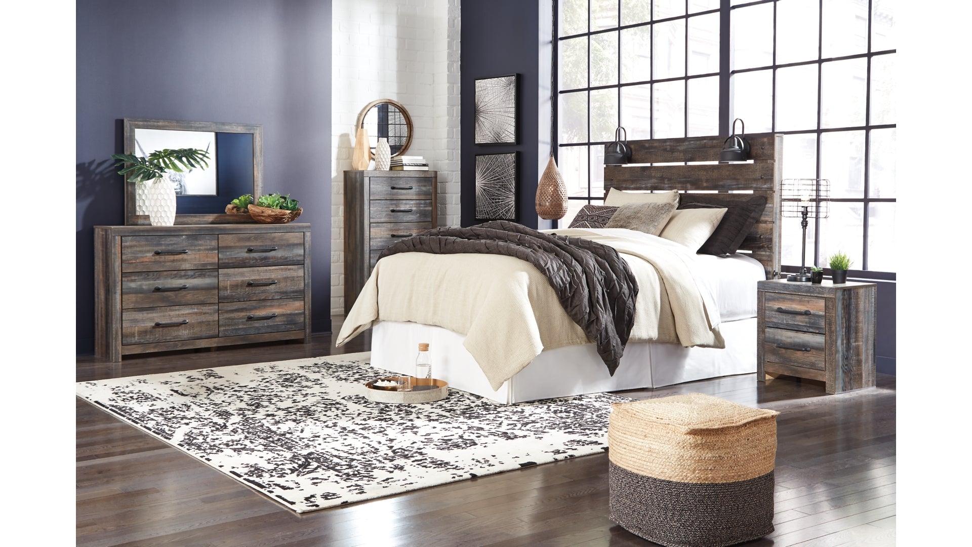 Drystan Queen Panel Headboard Bed with Mirrored Dresser, Chest and Nightstand