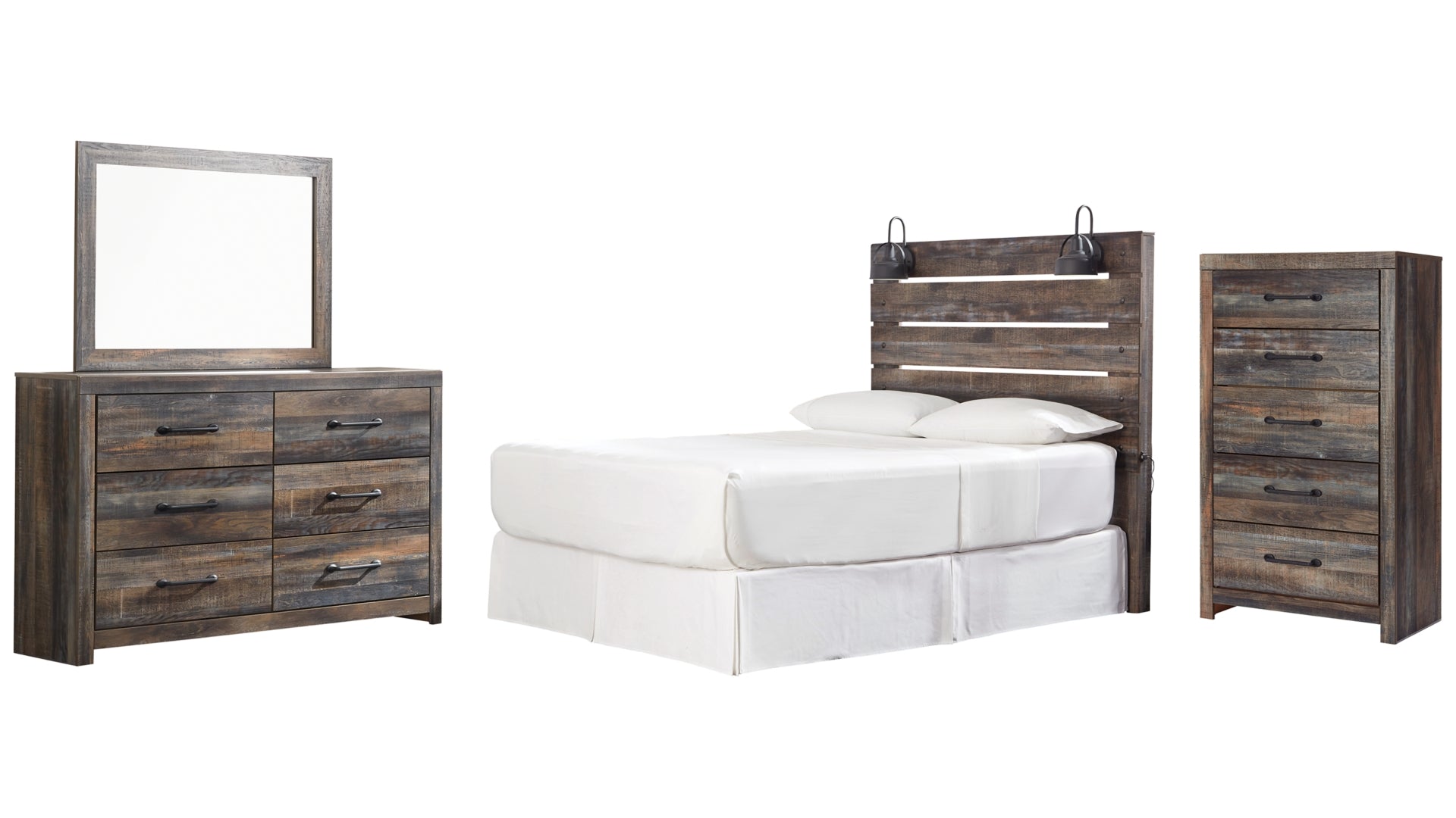 Drystan Queen Panel Headboard Bed with Mirrored Dresser and Chest