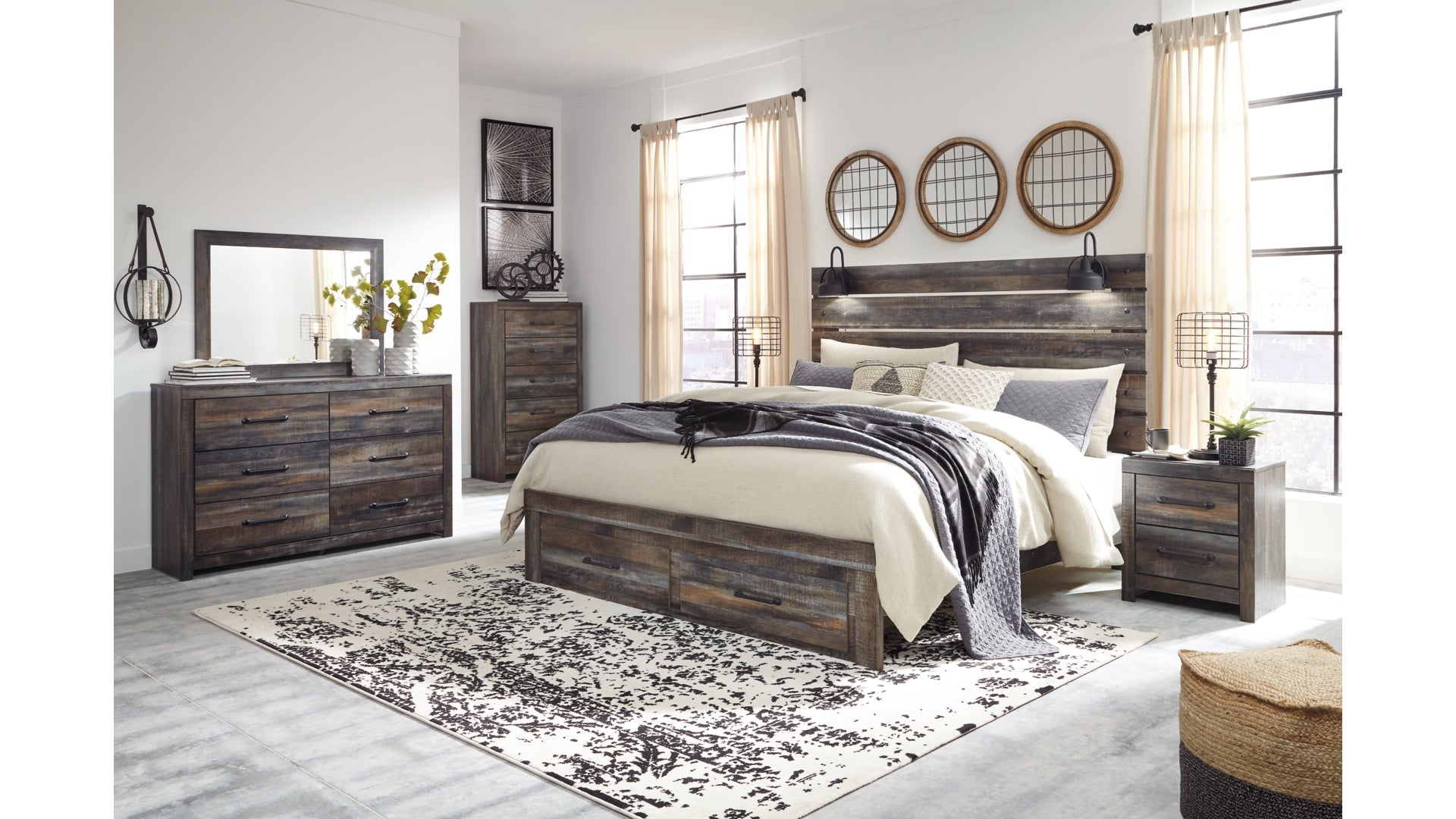 Drystan King Panel Bed with Storage with Mirrored Dresser and Chest