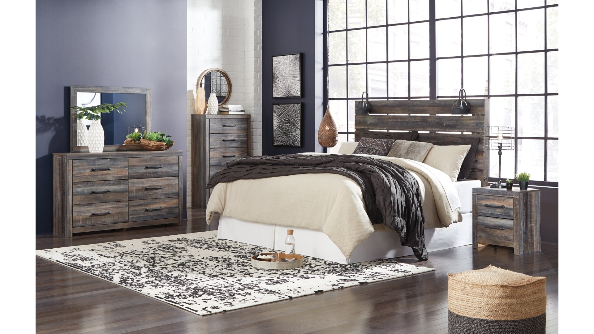 Drystan King Panel Headboard Bed with Mirrored Dresser, Chest and Nightstand