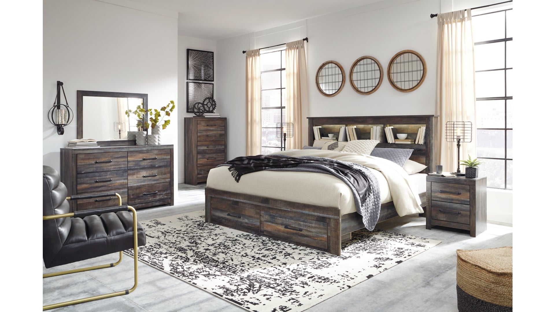 Drystan King Bookcase Bed with 2 Storage Drawers with Mirrored Dresser, Chest and Nightstand