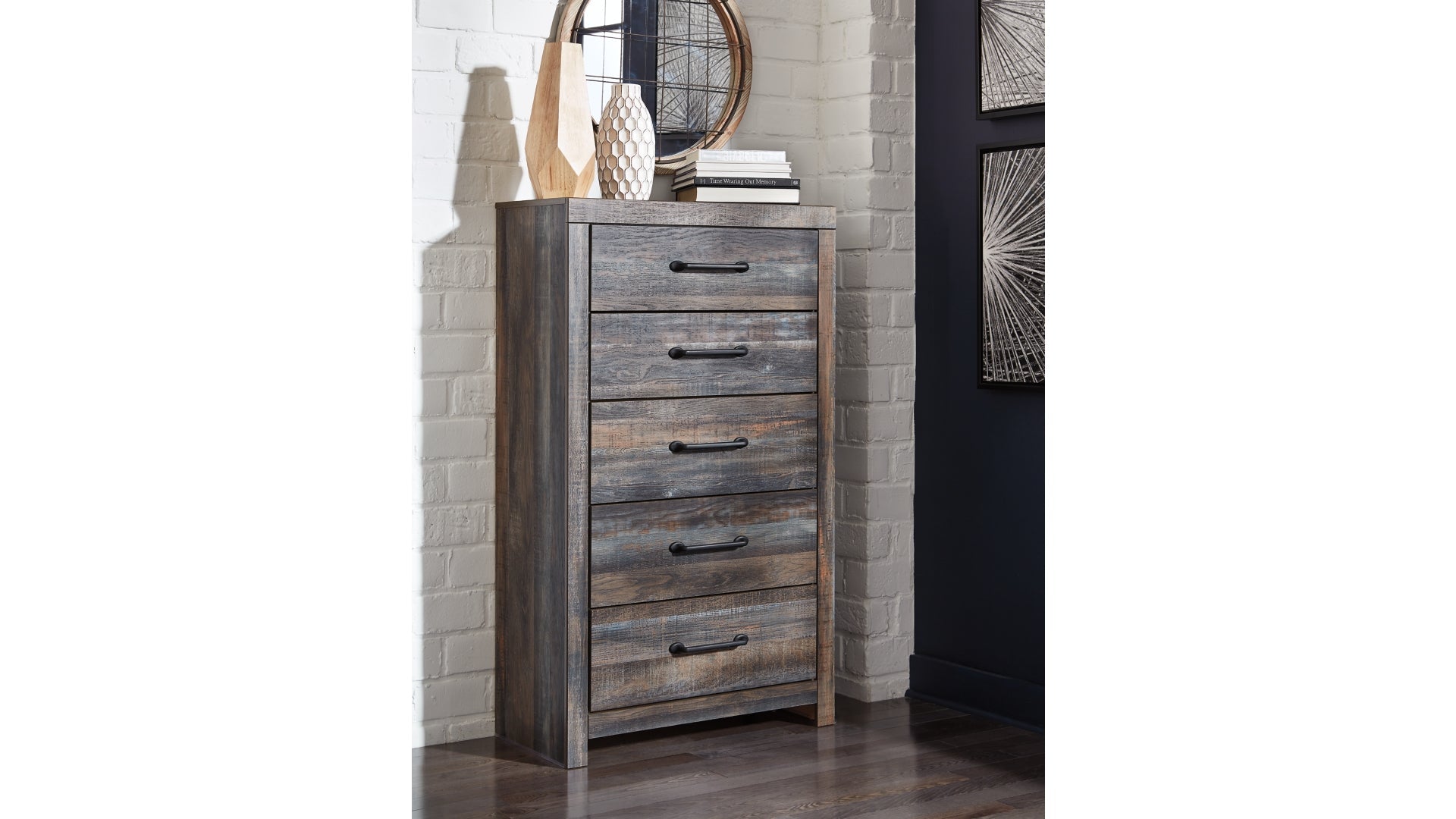 Drystan Queen Panel Bed with 2 Storage Drawers with Mirrored Dresser and Chest