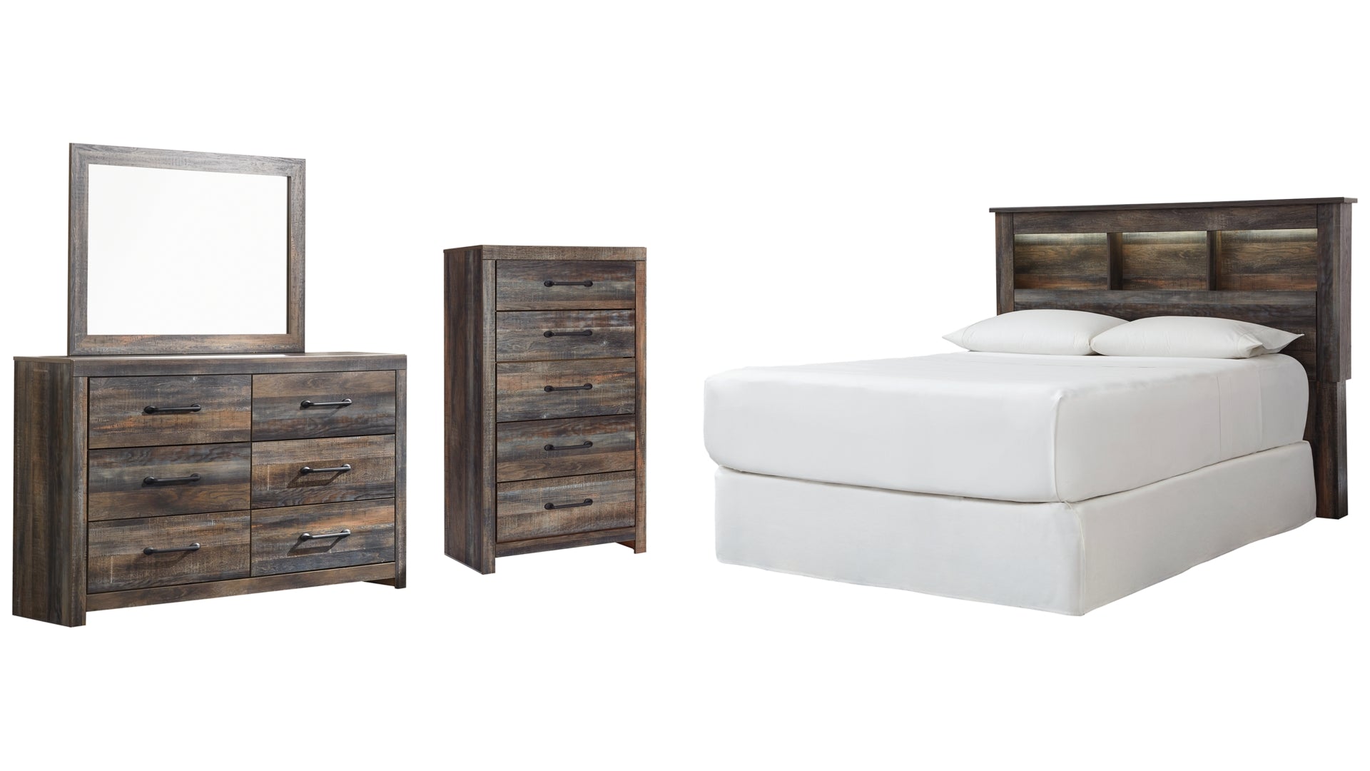 Drystan Queen/Full Bookcase Headboard Bed with Mirrored Dresser and Chest