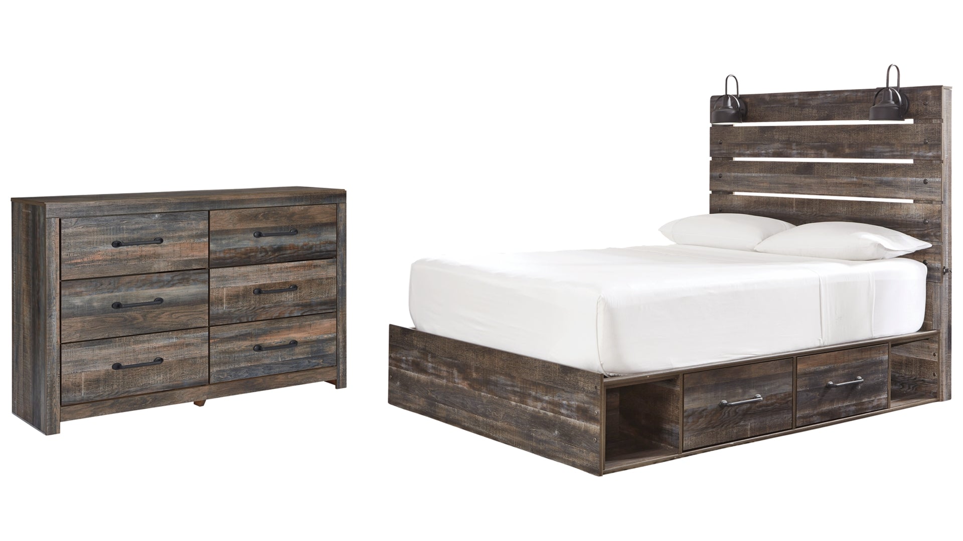 Drystan Queen Panel Bed with 2 Storage Drawers with Dresser